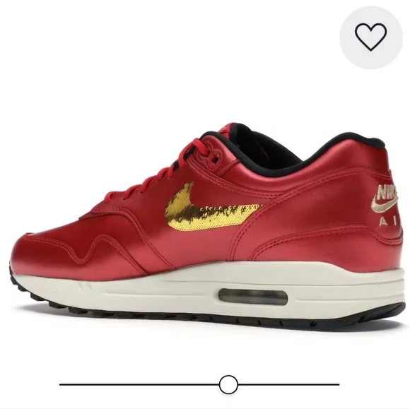 Women Nike Air Max 1 University Red Metallic Gold Sequin Sneackers CT1149-600 - Picture 3 of 10